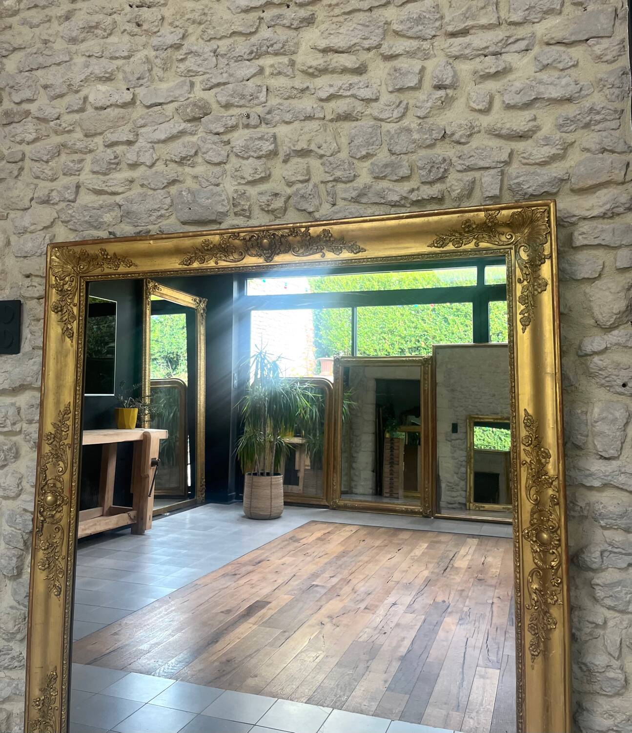 Antique fireplace mirror 144.5cm/131.5cm gold leaf and mercury