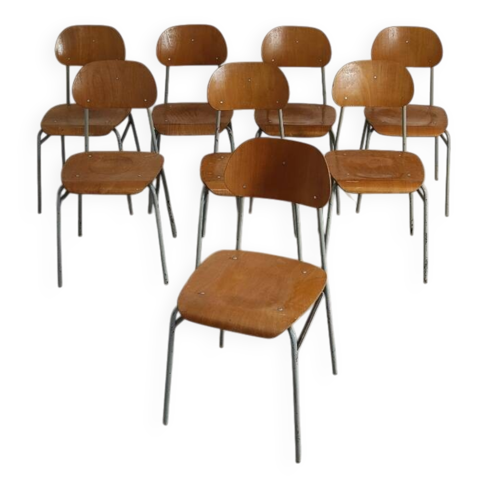 Set of 8 industrial style school chairs, Czechoslovakia 1950