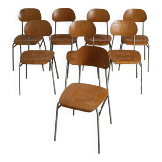Set of 8 industrial style school chairs, Czechoslovakia 1950