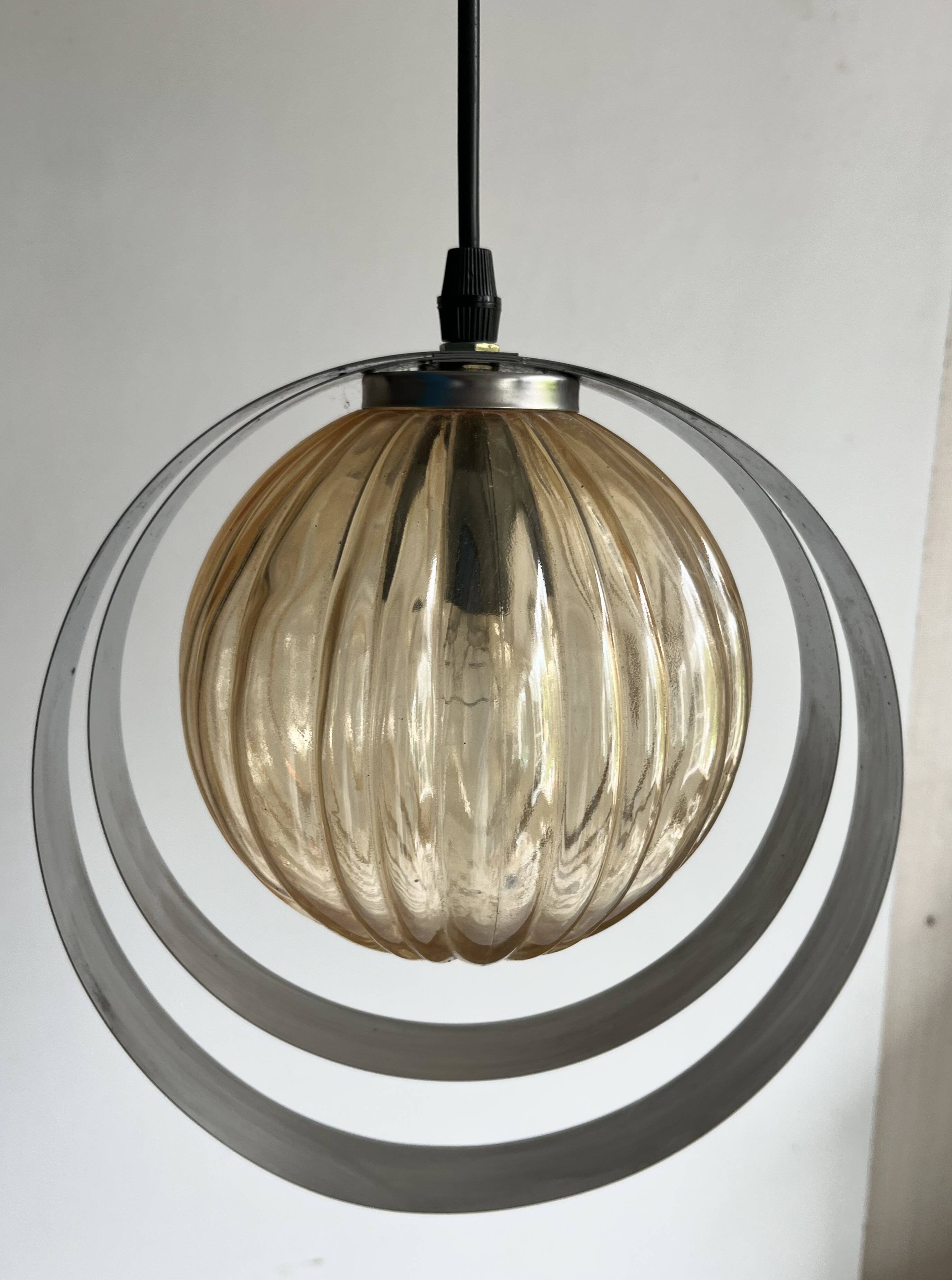 Space Age Chrome Rings Amber Globe Pendant Light