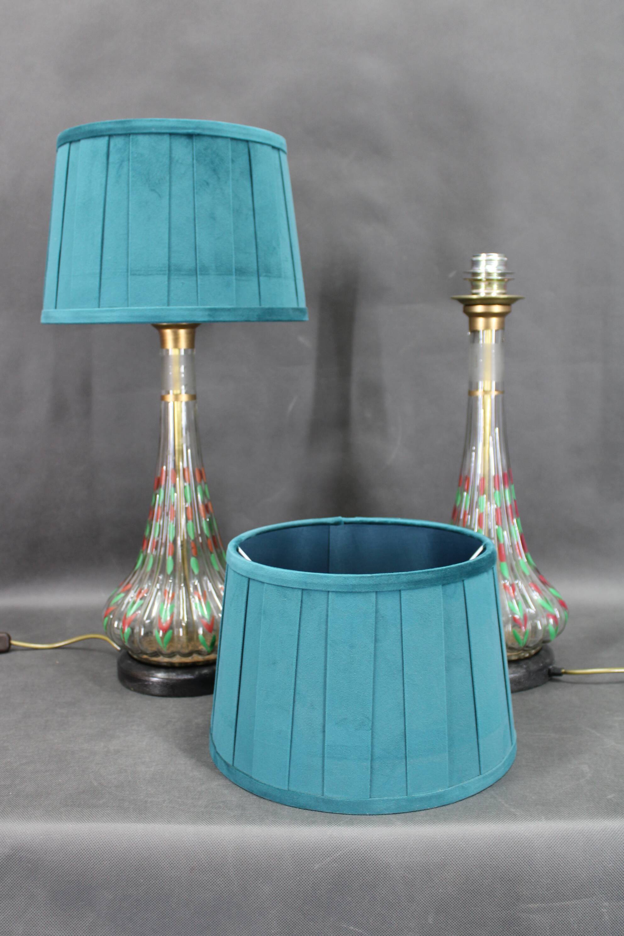 1960s Pair of Hand Painted Glass Table Lamps, Czechoslovakia