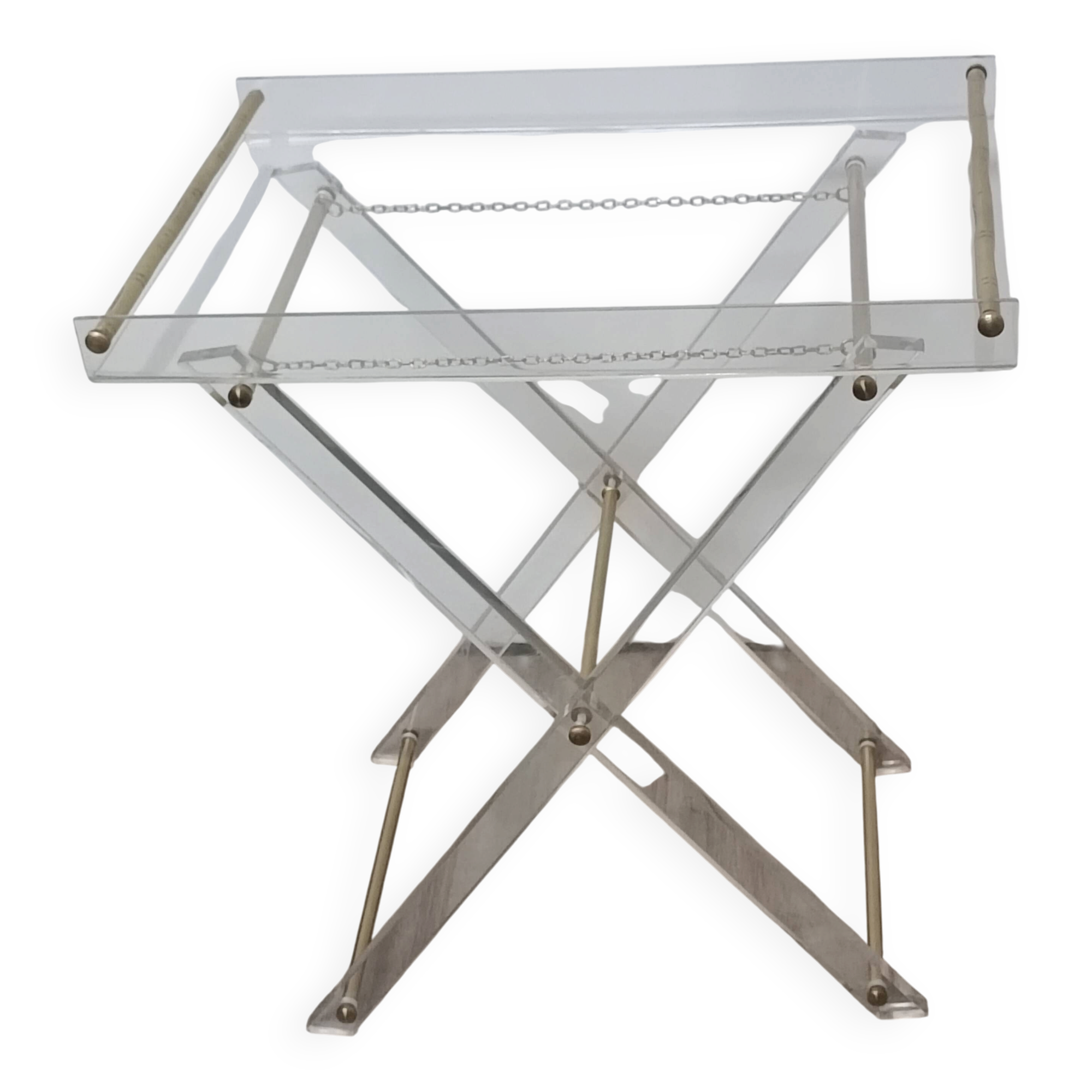 Folding side table in plexiglass and brass, 1970s.