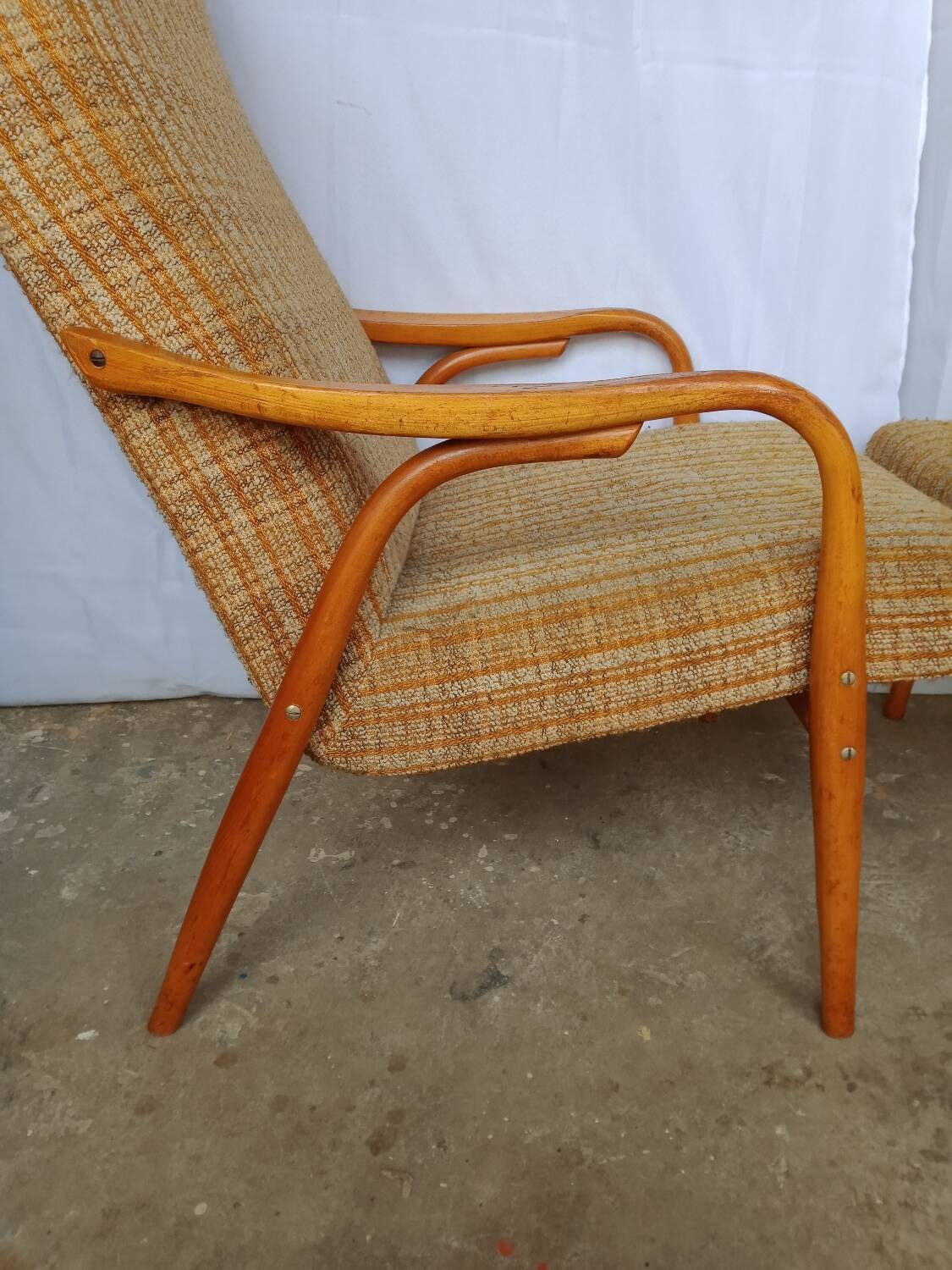 60s wood and fabric armchairs