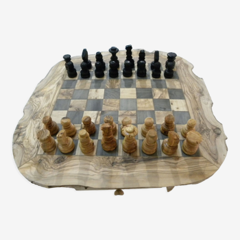 Jeux d'échec en bois d'olive échiquier fait à la main avec tiroir de rangement bord rugueux