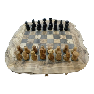 Olive wood chess games, handmade chess board with rough edge storage drawer