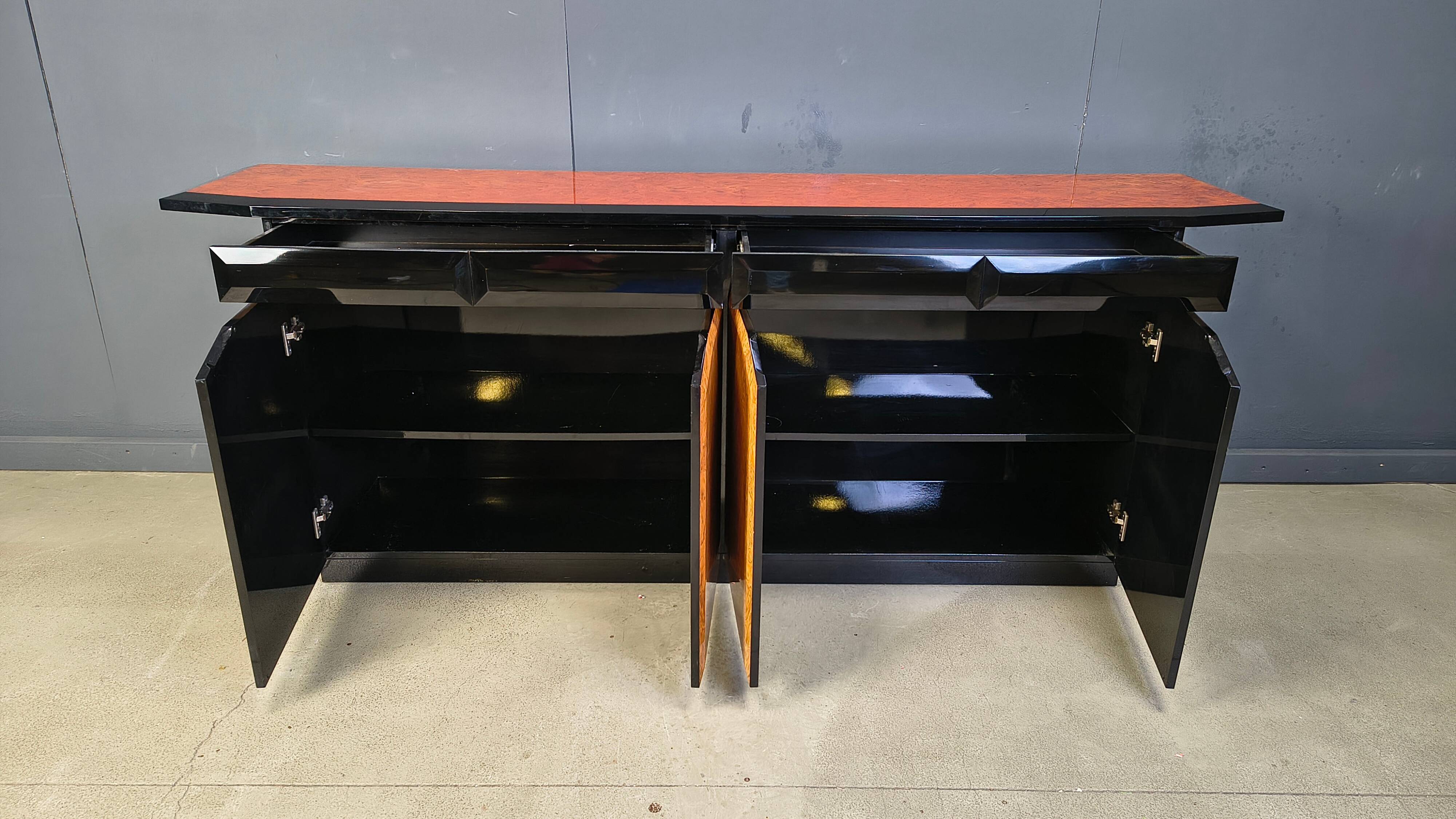 Vintage lacquer and burl wood credenza, 1980s