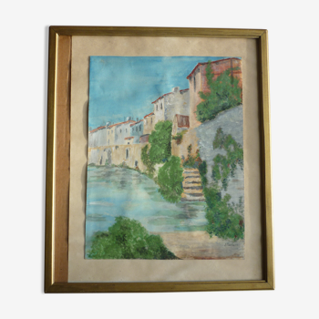 Peinture aquarelle village bord de riviere signé