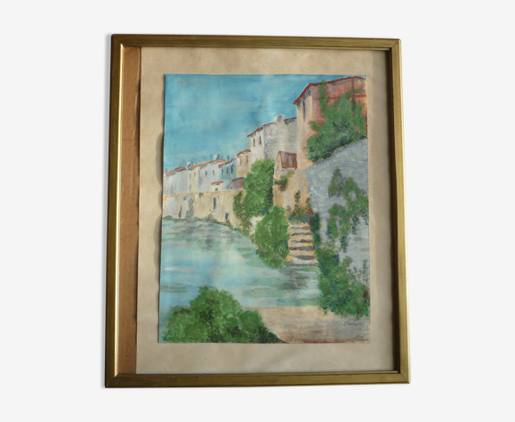 Peinture aquarelle village bord de riviere signé