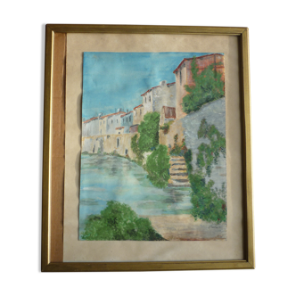 Peinture aquarelle village bord de riviere signé
