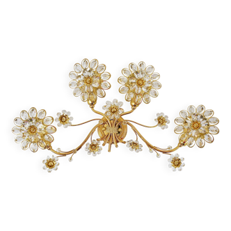 Large wall lamp flowers Big Ernst Palme in brass and crystals, Palwa, 1970s