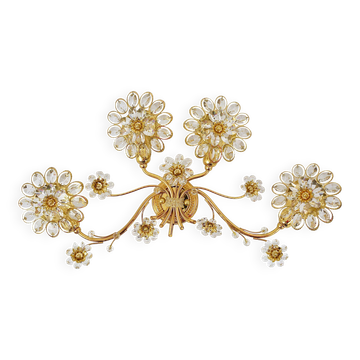Large wall lamp flowers Big Ernst Palme in brass and crystals, Palwa, 1970s