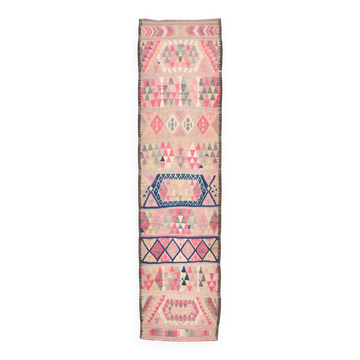 3x12 Kilim Soft Multicolor Vintage Kilim Runner, Ethnic Long Rug, 90x350Cm