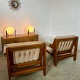 Pair of lounge chairs in wood and designer fabric from the 60s vintage Scandinavian look
