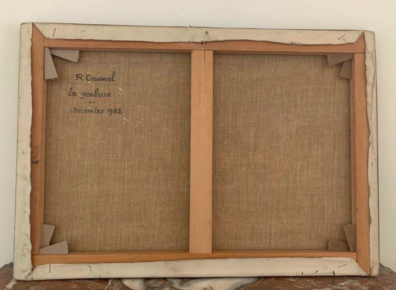 Oil on canvas, Still life "La garbure" signed and countersigned R.CAUMEL 1982