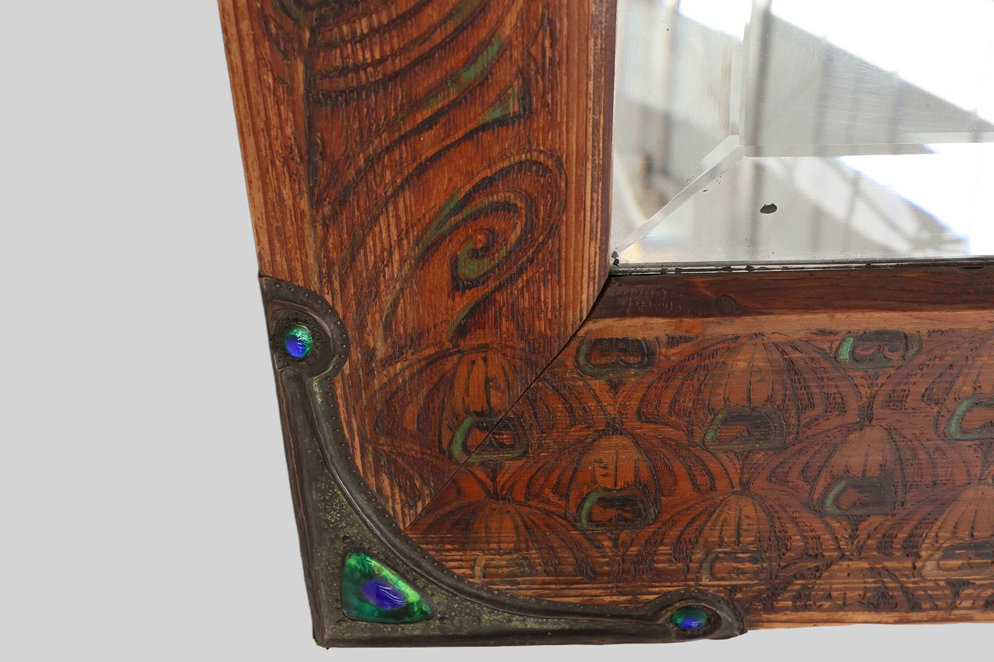 Art Nouveau mirror with hand painted peacock decoration, France ca. 1915