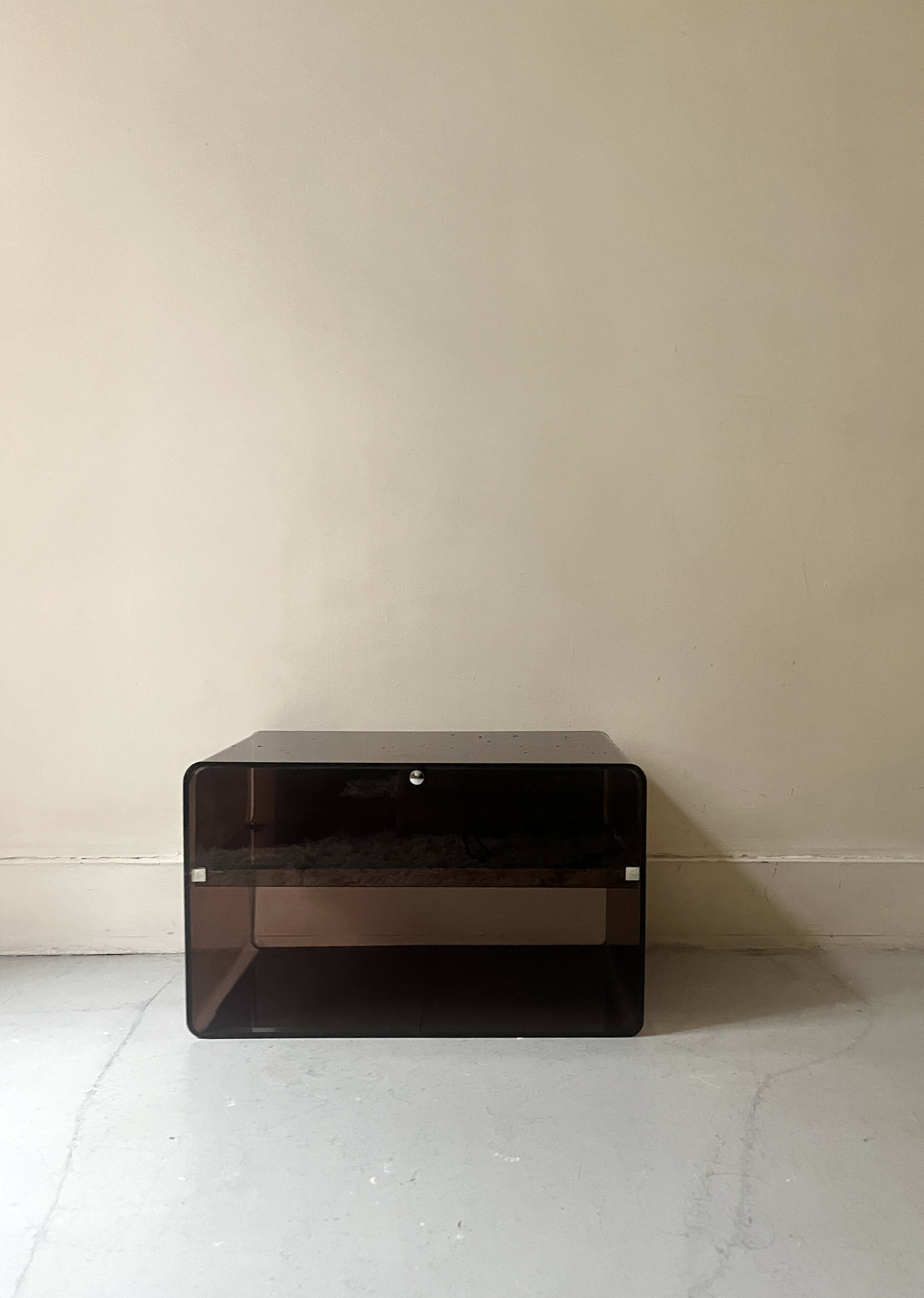 smoked plexiglass bedside / side table by M. Dumas for Roche Bobois, design 1970
