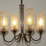French vintage retro chandelier with 4 lights in brass and bronze with cut glass shades.