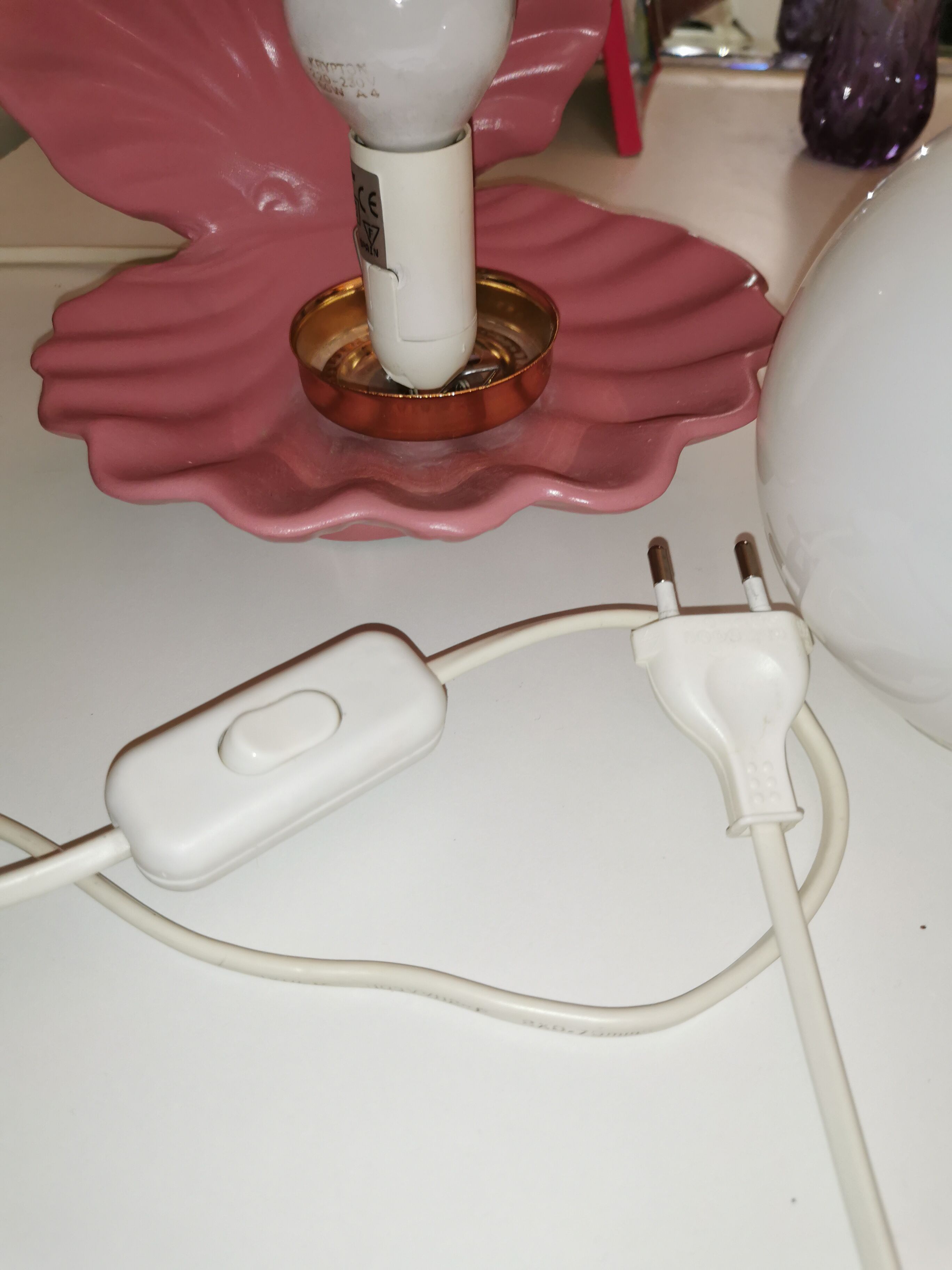 Ceramic shell lamp and opaline bead, saint-jacques, france, 1980