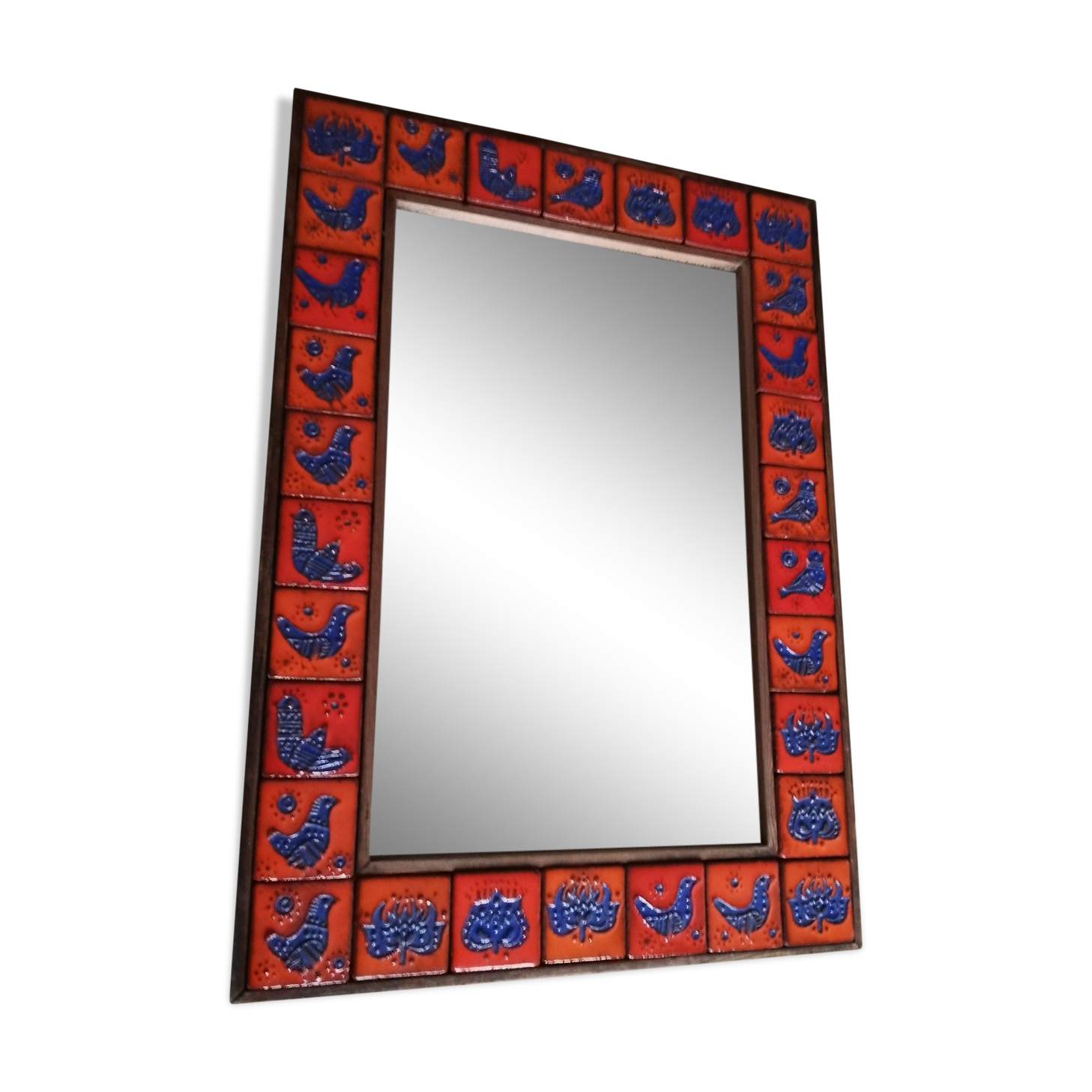 Large wood mirror and ceramic tiles vintage mosaic 59x35cm