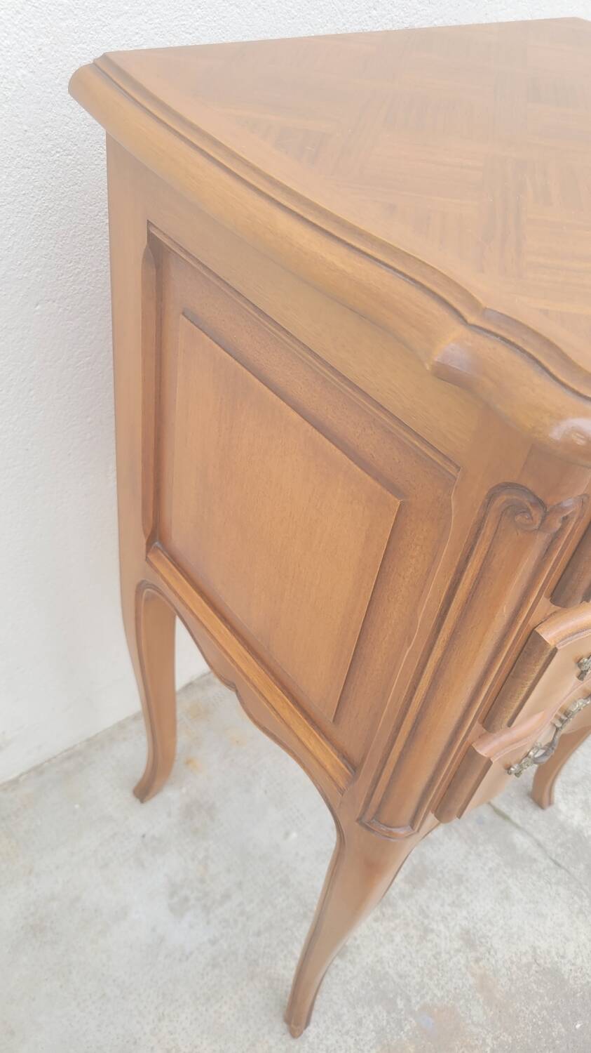 Pair of Louis xv style bedside tables in cherry wood, 3 drawers