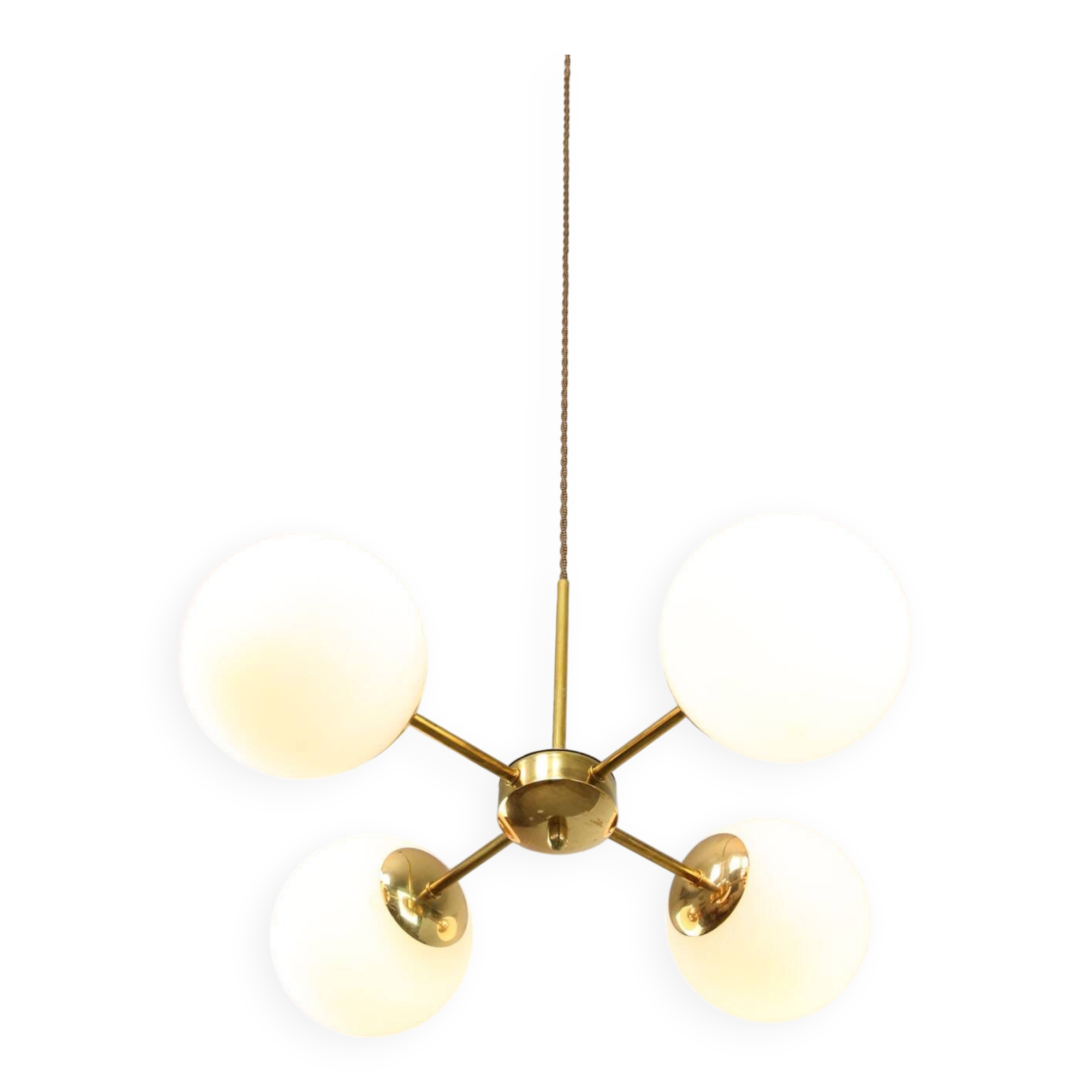 Italian Mid Century Golden Sputnik Chandelier with Opaline Shades, 1960s