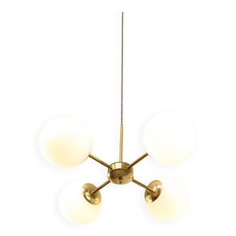 Italian Mid Century Golden Sputnik Chandelier with Opaline Shades, 1960s