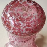 Boule Vase/Clichy Glassware. Scalloped collar. Variegated pink/white. Dim 20 x 15 cm