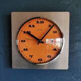Vintage formica clock square silent wall pendulum "BC Paris silver orange"
