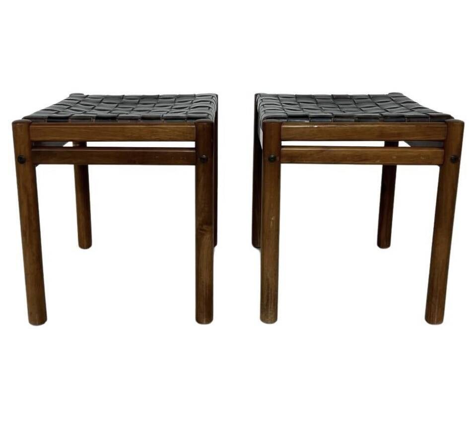 Pair of stools, leather and wood, 1960'