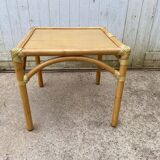 Rattan end table with 1 shelf in vintage oak veneer from the 80s Maugrion