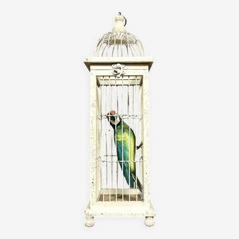 Cage a oiseaux vintage en bois laqué avec un perroquet en son intérieur circa 1970