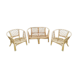 Salon banquette et fauteuils en rotin