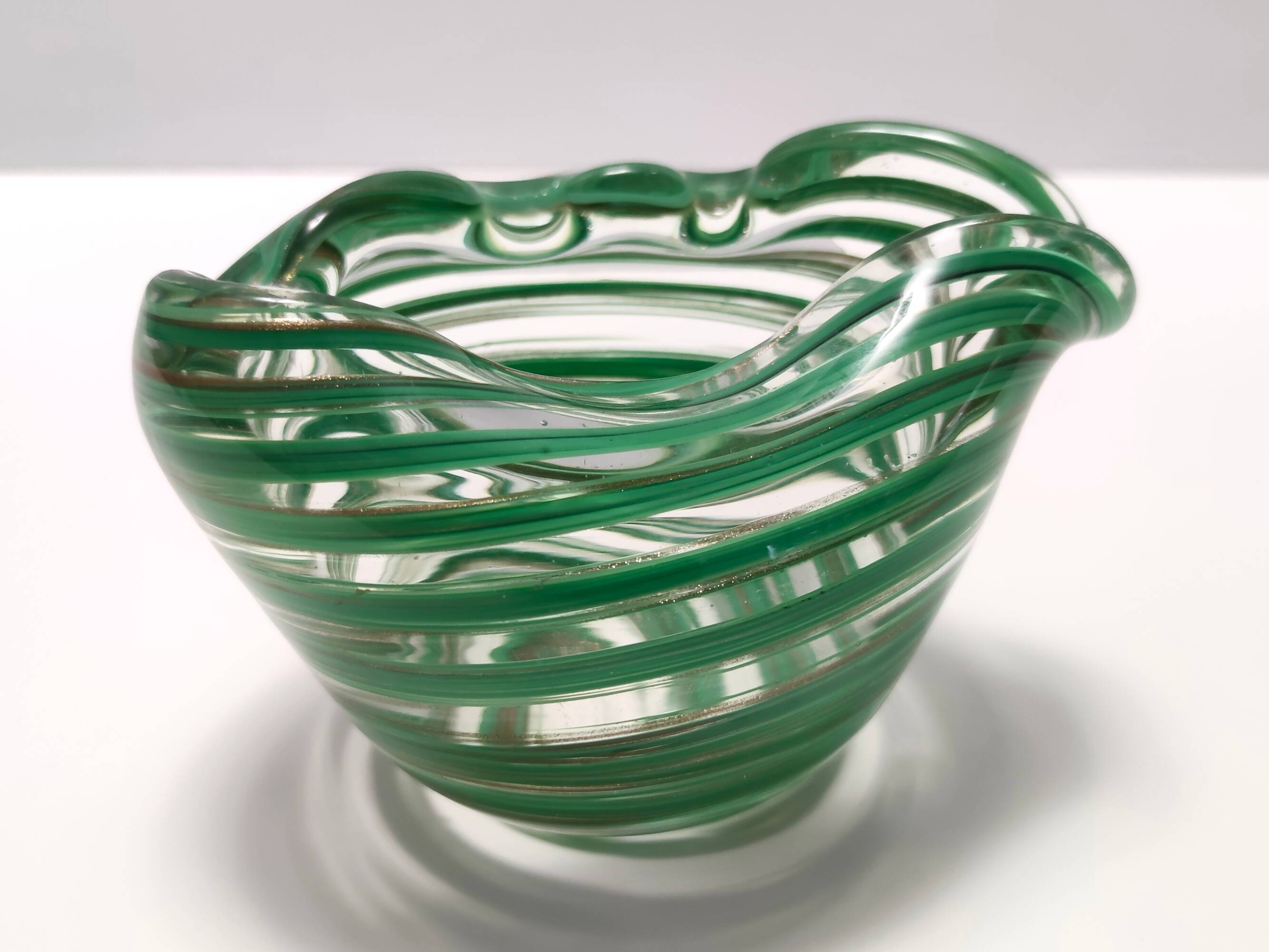 Murano Glass Bowl or Ashtray with Green Canes and Aventurine Glass, Italy