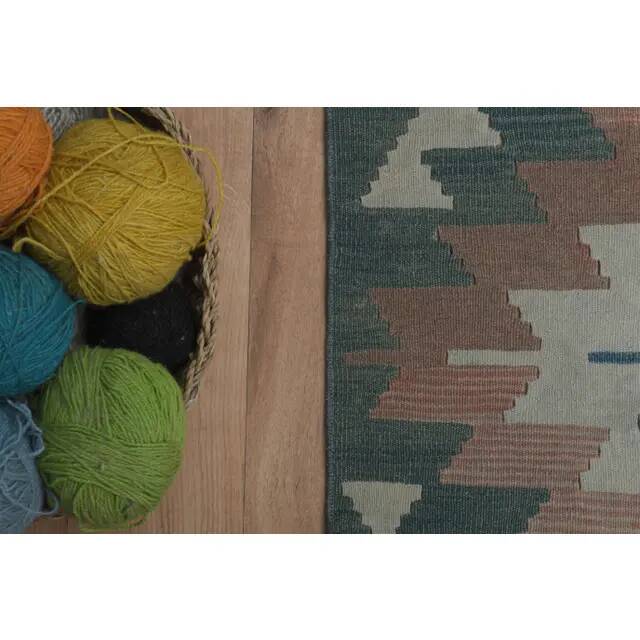 1970s Vintage Turkish Handmade Wool & Cotton Green Runner Rug  73x291