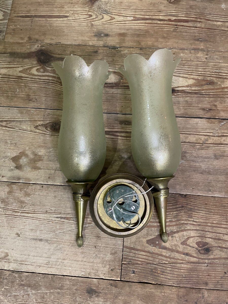 Suite of 4 wall lamps in bronze and murano glass, pier luigi colli and seguso, 1955