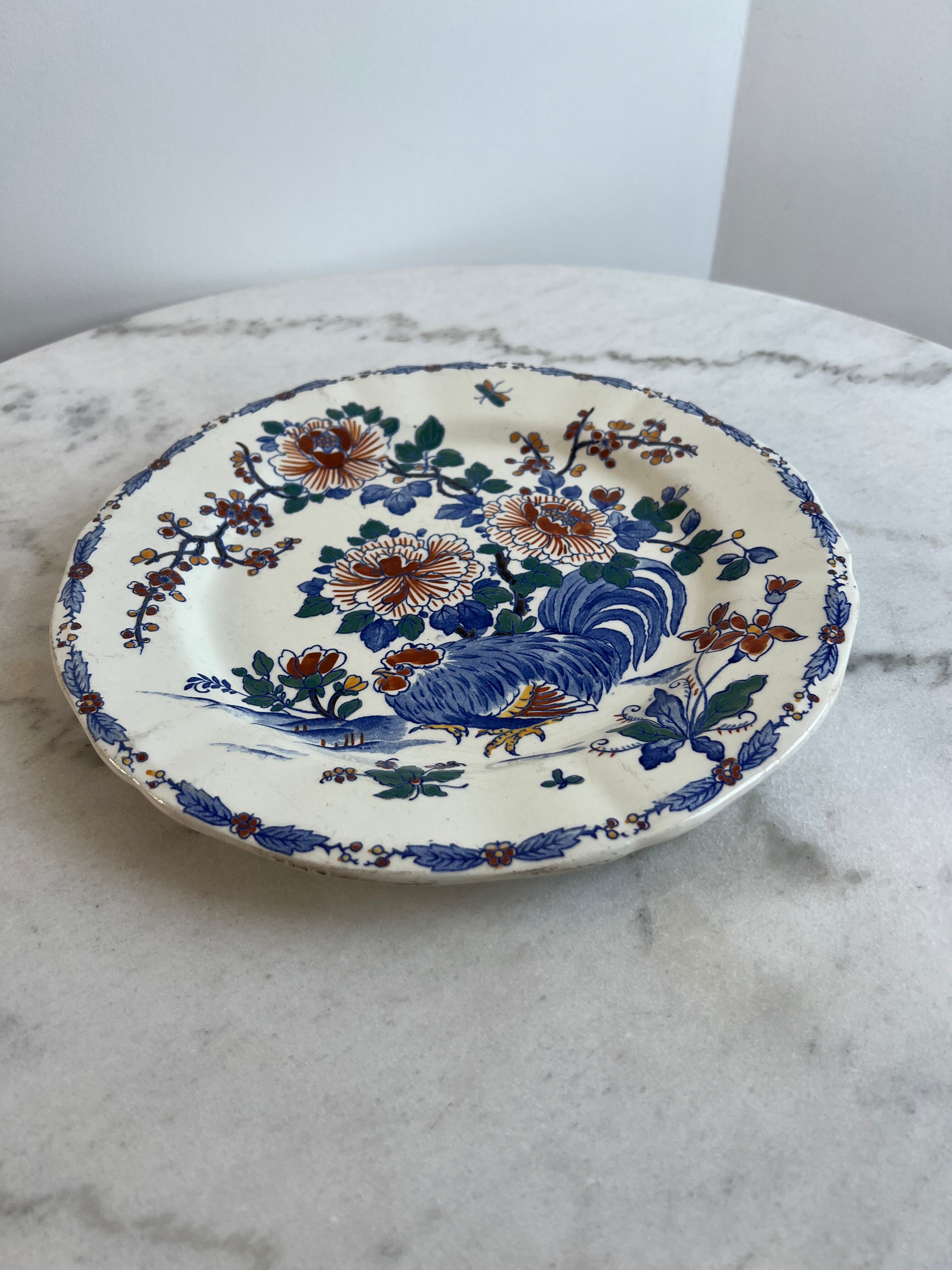 Antique plate in Gien earthenware — model “Rooster with Peonies”