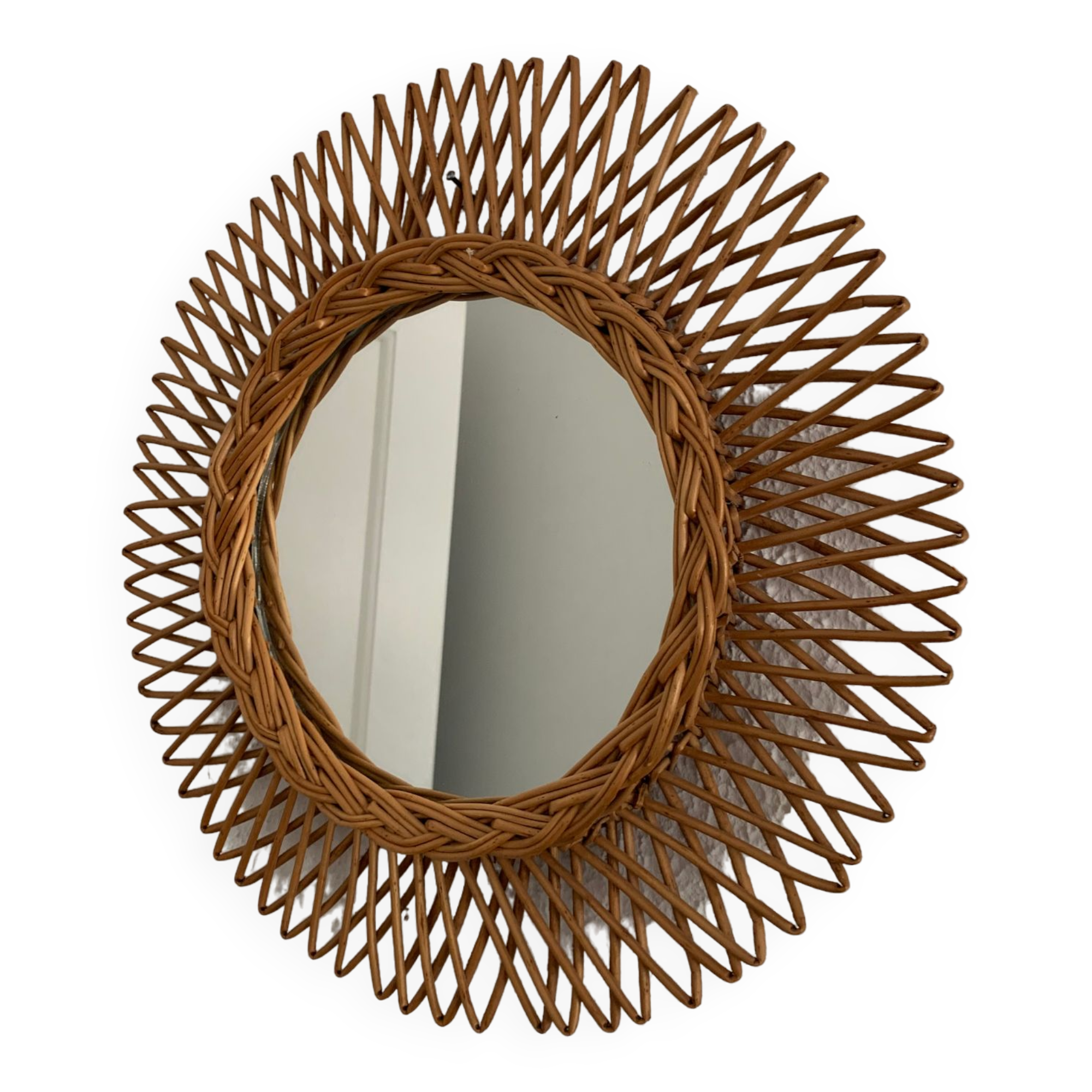 Vintage mirror 1960 sun rattan flower wicker - 37 cm