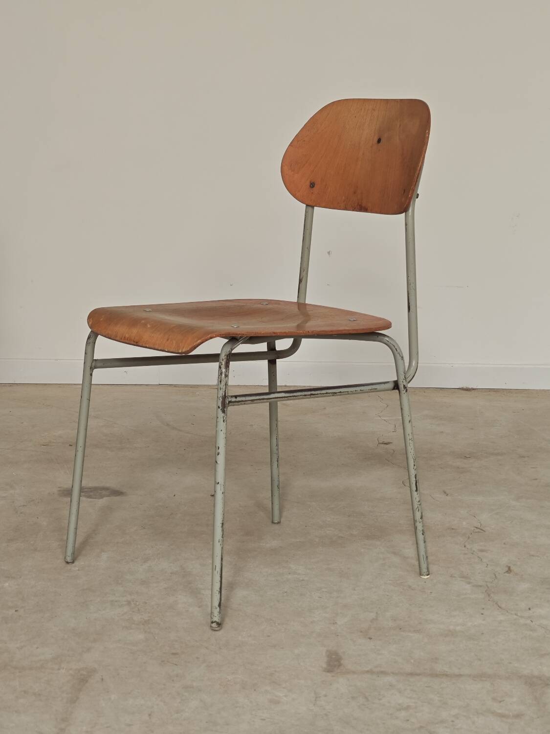 Set of 4 metal and wood school chairs, former Czechoslovakia, 1960.