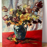 Bouquet of flowers on a red tablecloth, knife on a board, signed Renzo.