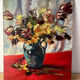 Bouquet of flowers on a red tablecloth, knife on a board, signed Renzo.