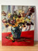 Bouquet of flowers on a red tablecloth, knife on a board, signed Renzo.