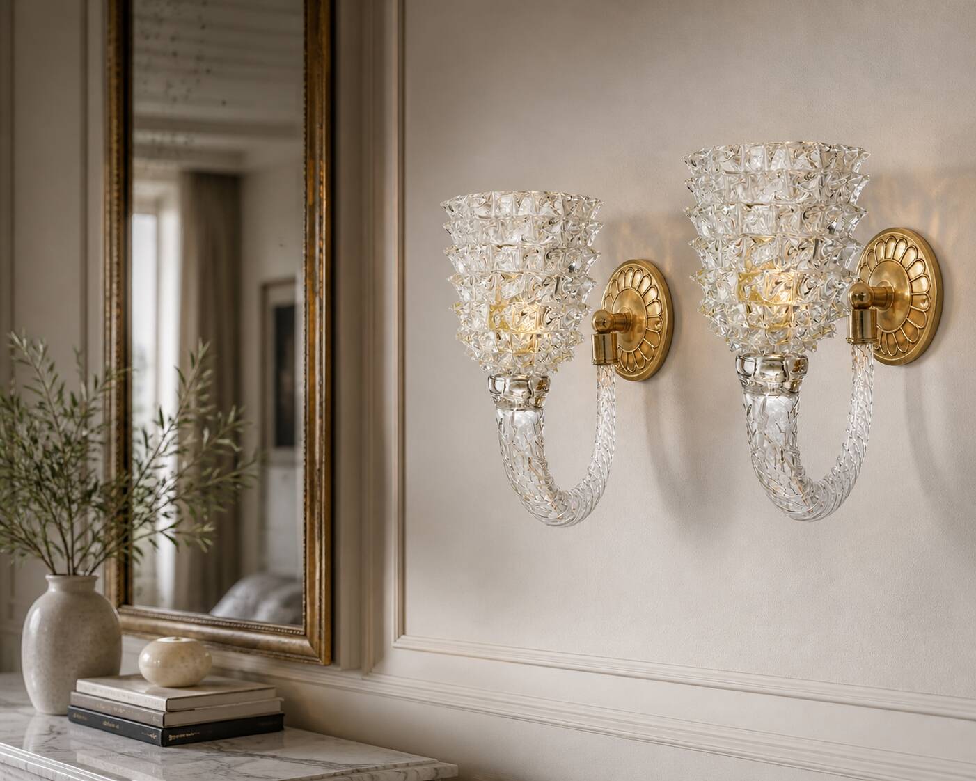 Set of 2 Art Deco Wall Light in Murano Rostrato Glass by Barovier e Toso, 1