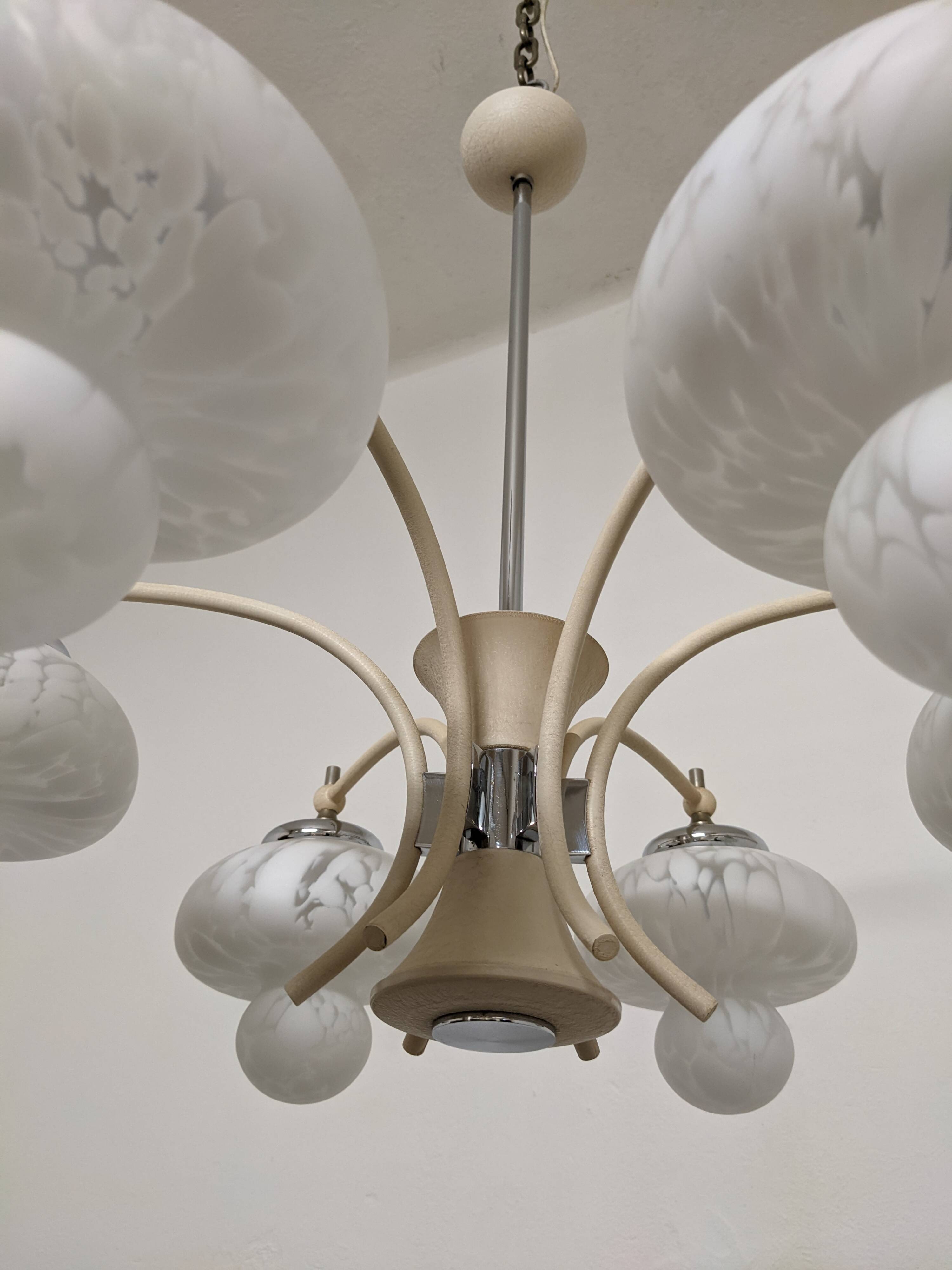 Space Age chandelier with 6 lights in sandblasted glass from the 50s/60s