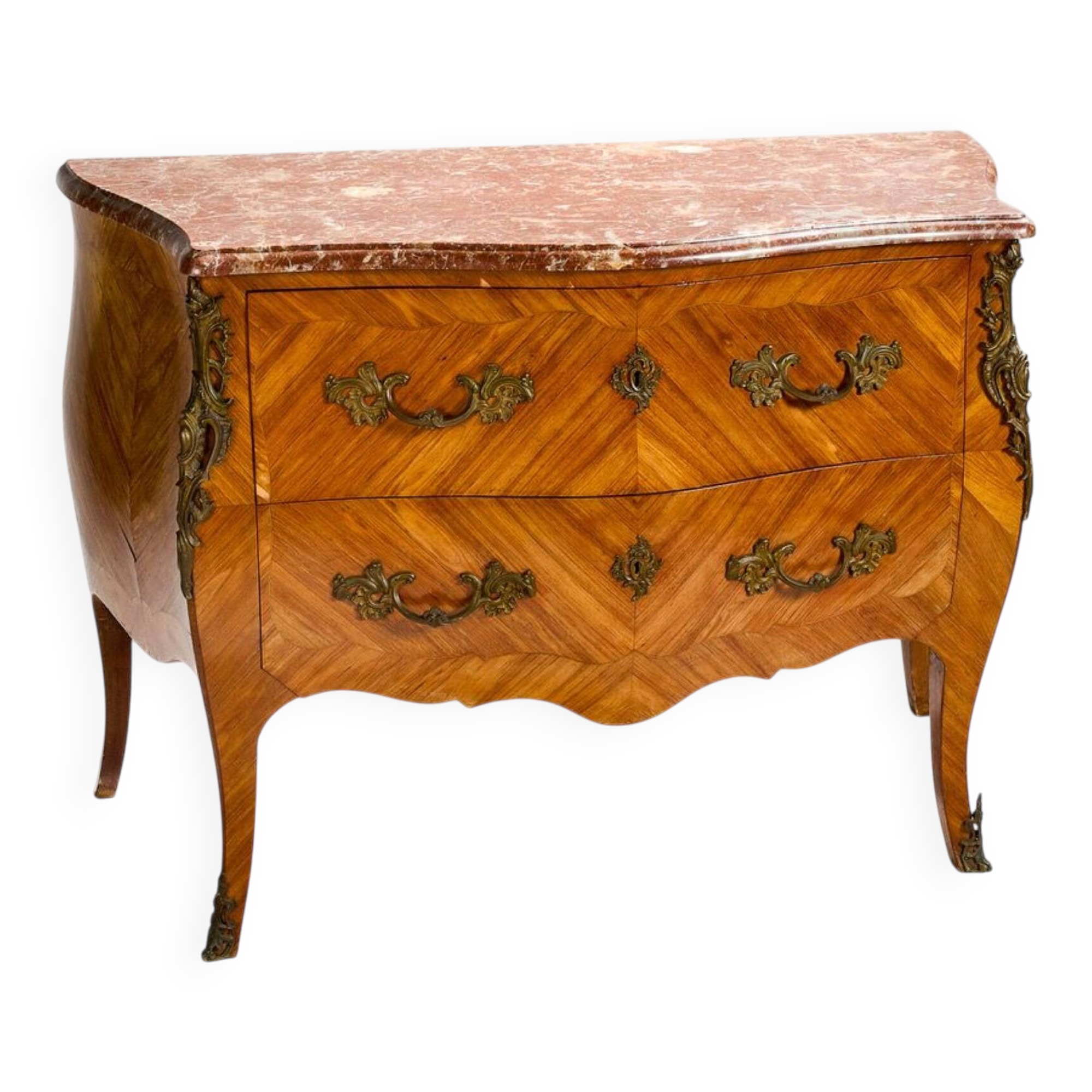 Curved Louis XV style commode in rosewood and red marble, fine.