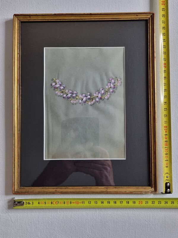 Gouache Art Déco 1930 – Prototype de collier floral encadré 23×28 cm