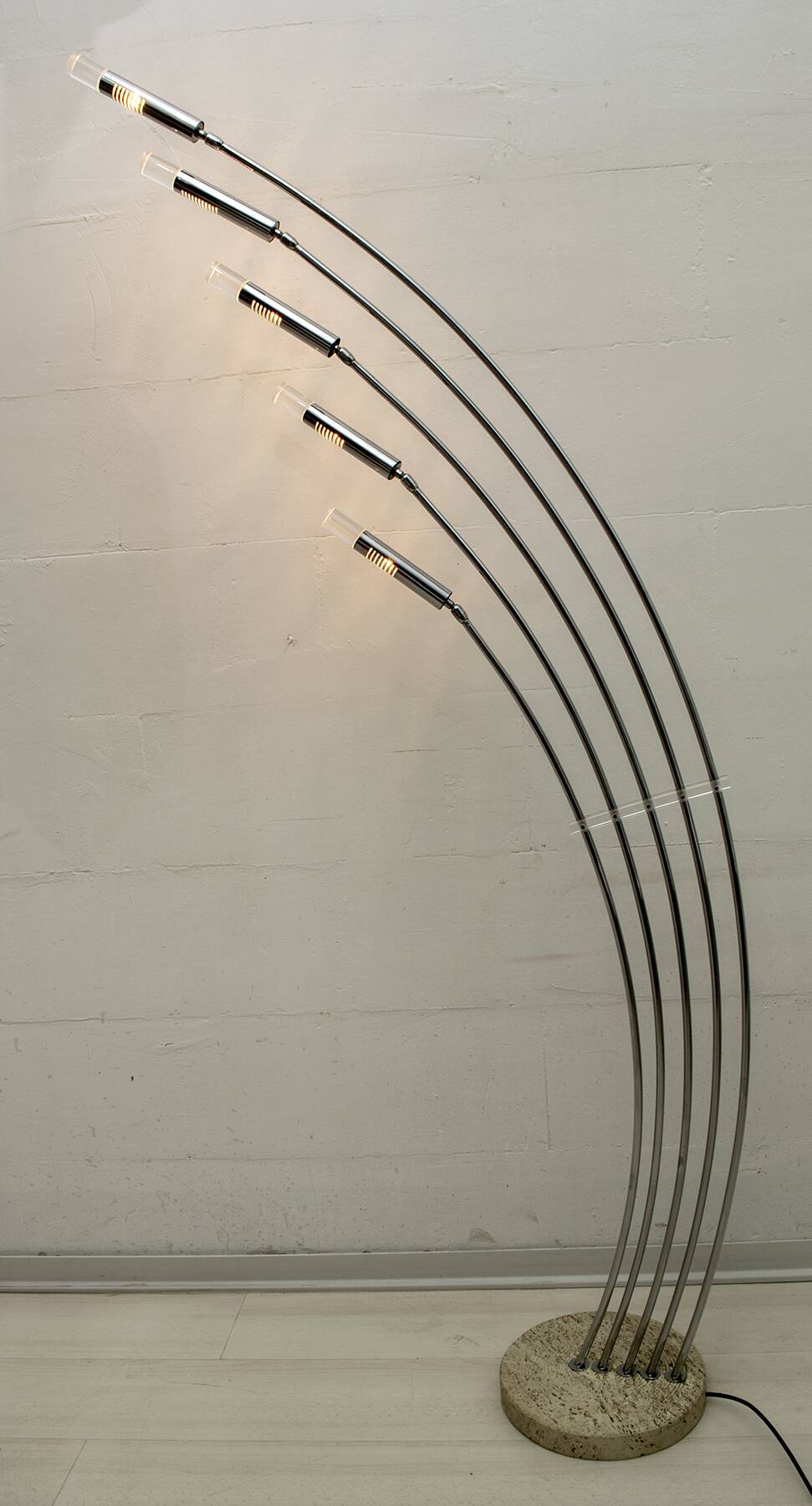 Midcentury Italian Arched Floor Lamp 5 Lights Chrome Metal and Lucite, 1960