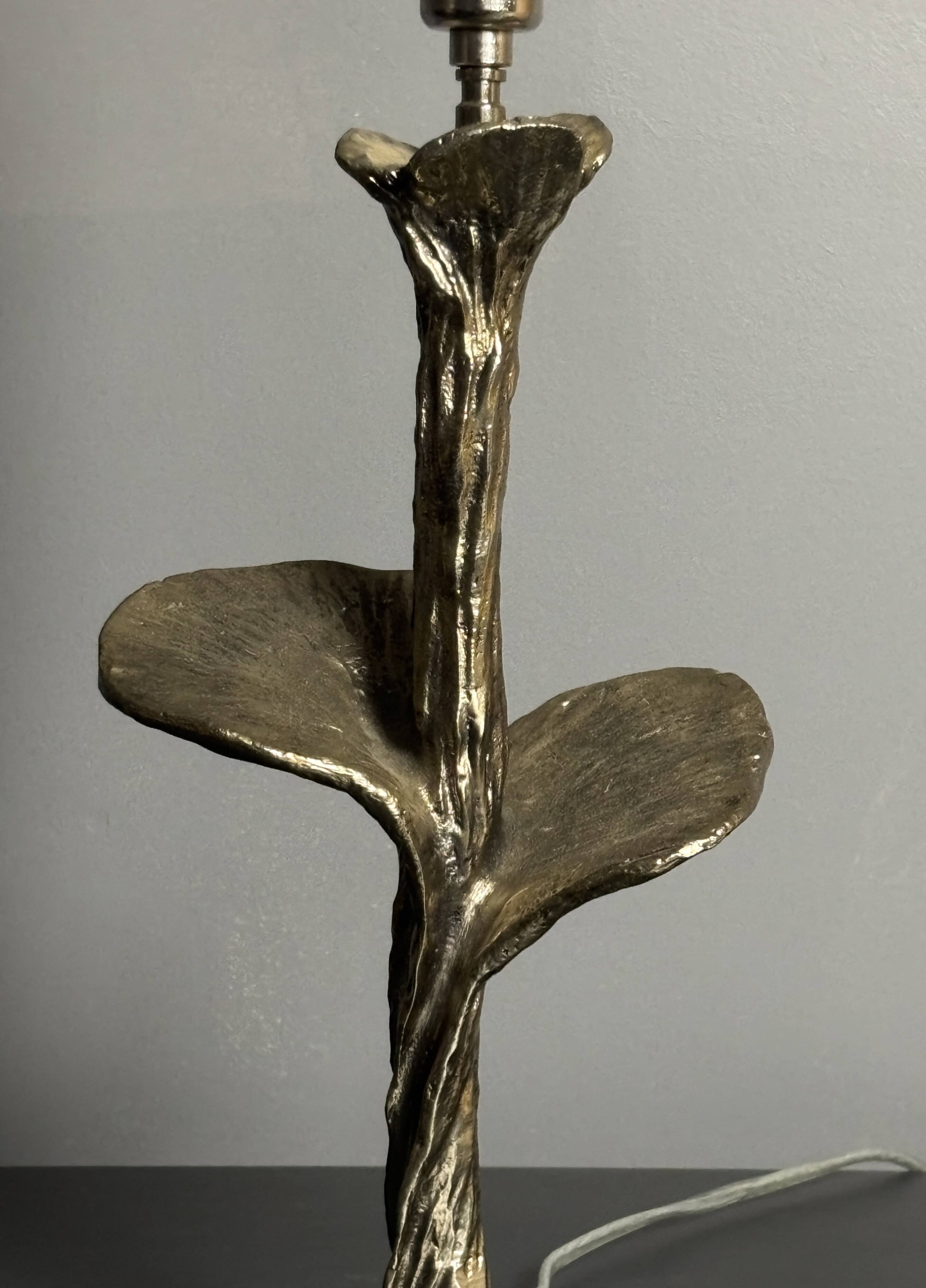 Solid brass silver custom made flower lamp with cocoon fabric shade, 1970s