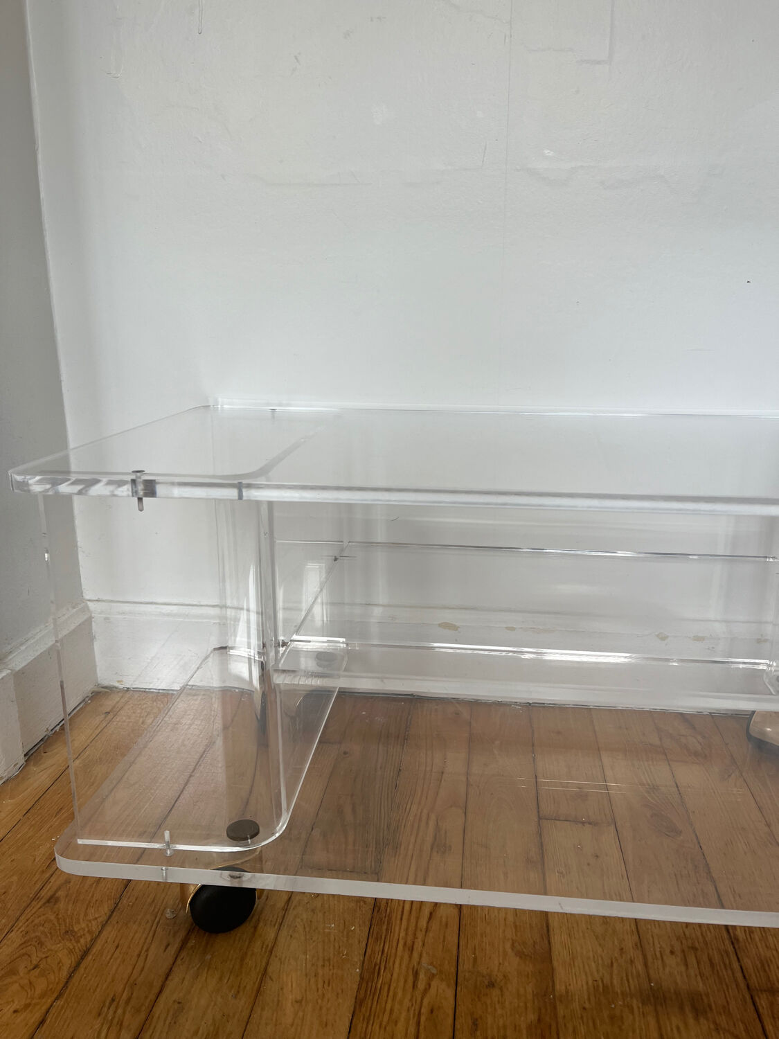 David Lange rolling side table in Plexiglas