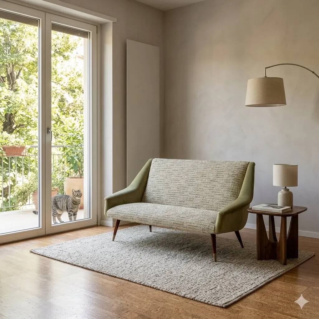 Small vintage sofa in fabric and foam, design, Italy, 1950s-1960s.
