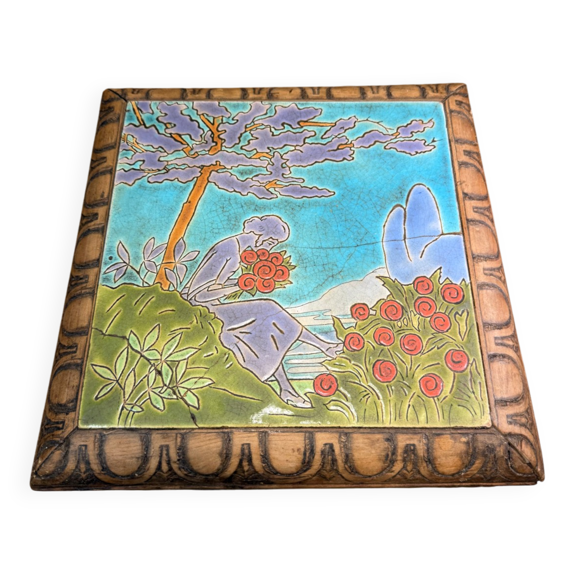 Antique trivet Enamels of Longwy woman landscape decoration